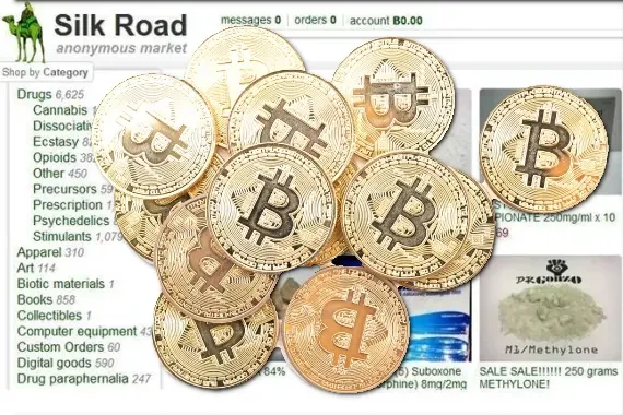 A screenshot of the Silk Road marketplace homepage, overlaid with bitcoin "coins"