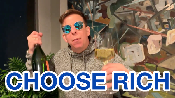 A man wearing polarized aviator style sunglasses holds a bottle and a glass of champagne. "Choose rich" is superimposed