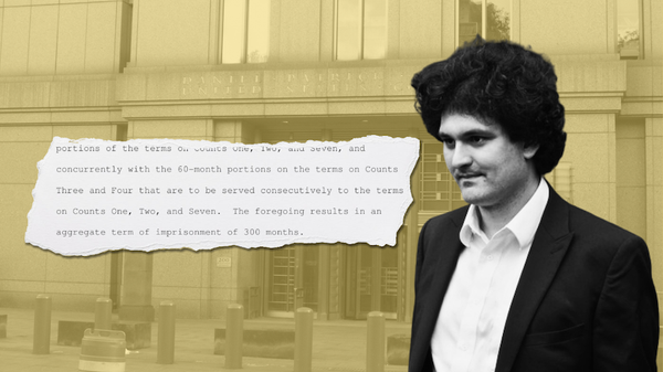 B&W photo of Sam Bankman-Fried overlaid on a yellow-tinted photo of the NYC courthouse with scrap of sentencing transcript